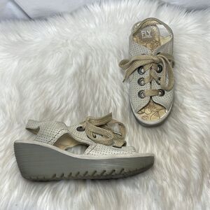 Fly London Alva Taupe Lace Up Wedge Sandals Sz 38/7.5-8